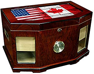 Large Premium Desktop Humidor - Glass Top - Flag of Canada (Canadian) - Wood with USA Flag - 300 Cigar Capacity - Cedar Lined with Two humidifiers & Large Front Mounted Hygrometer.