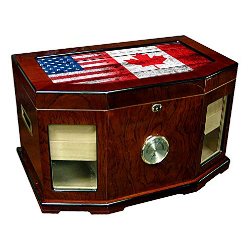 Large Premium Desktop Humidor - Glass Top - Flag of Canada (Canadian) - Wood with USA Flag - 300 Cigar Capacity - Cedar Lined with Two humidifiers & Large Front Mounted Hygrometer.