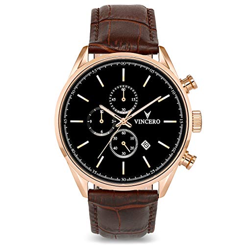 Vincero Luxury Men's Chrono S Wrist Watch - Top Grain Italian Leather Watch Band - 43mm Chronograph Watch - Japanese Quartz Movement (Rose Gold)
