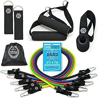 Tribe 11PC Premium Resistance Bands Set, Workout Bands - with Door Anchor, Handles and Ankle Straps - Stackable Up To 105 lbs - For Resistance Training, Physical Therapy, Home Workouts, Yoga, Pilates