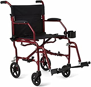 Medline Ultralight Transport Wheelchair with 19 Wide Seat, Folding Transport Chair with Permanent Desk-Length Arms, Red Frame