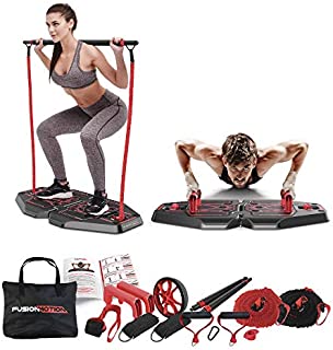 Fusion Motion Portable Gym with 8 Accessories Including Heavy Resistance Bands, Tricep Bar, Ab Roller Wheel, Pulleys and More - Full Body Workout Home Exercise Equipment to Build Muscle and Burn Fat