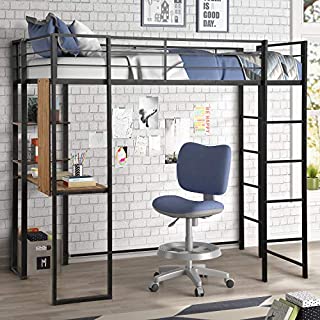 Metal Loft Bed with Desk and 2 Shelves, Twin/Full Loft Bed Frame for Kids/Adults (Twin, Black)