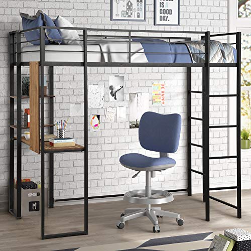 Metal Loft Bed with Desk and 2 Shelves, Twin/Full Loft Bed Frame for Kids/Adults (Twin, Black)