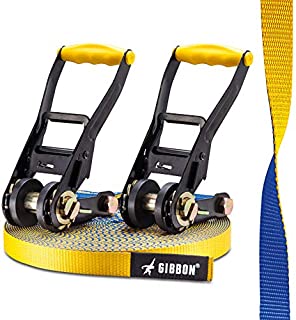 Gibbon Slacklines Flow Line, Yellow/Blue, 25m, 22,5m line + 2,5m Ratchet Strap, Beginners and Advanced, longlining, 25mm/1