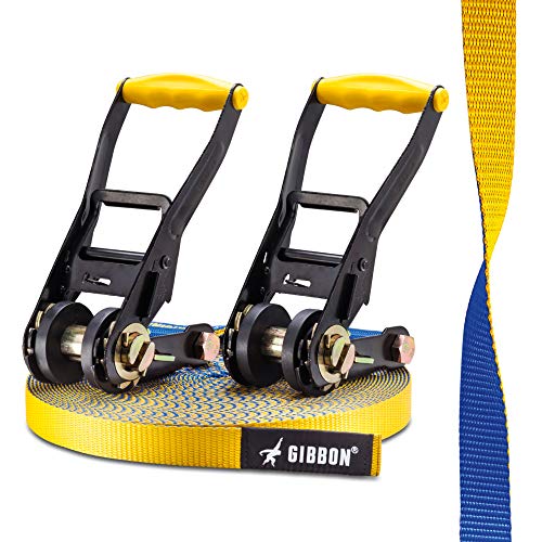 Gibbon Slacklines Flow Line, Yellow/Blue, 25m, 22,5m line + 2,5m Ratchet Strap, Beginners and Advanced, longlining, 25mm/1