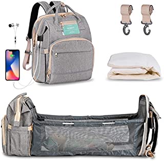 Diaper Bag Backpack with Extendable Folding CribHOMITY Baby Bag For Girls Boys With Changing Station,USB Charge Port,Large Capacity,Waterproof(Grey)