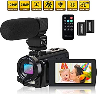 Video Camera Camcorder Digital YouTube Vlogging Camera Recorder FHD 1080P 24.0MP 3.0 Inch 270 Degree Rotation Screen 16X Digital Zoom with Microphone, Remote Controller 2 Batteries