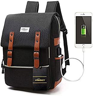 Puersit Vintage Laptop Backpack 15 Inch Canvas College School Backpack with USB Charging Port for Travel Unisex Backpack