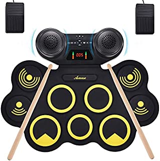 Asmuse Portable Electric Drum Set 9 Pads Built-in Dual Speaker Portable Practice Pads with Bluetooth Function Headphone Jack and Pedals