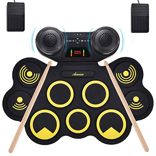 Asmuse Portable Electric Drum Set 9 Pads Built-in Dual Speaker Portable Practice Pads with Bluetooth Function Headphone Jack and Pedals