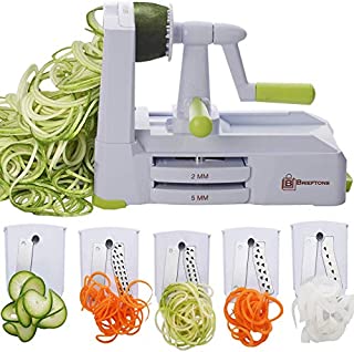 Brieftons 5-Blade Spiralizer (BR-5B-02): Strongest-and-Heaviest Duty Vegetable Spiral Slicer, Best Veggie Pasta Spaghetti Maker for Low Carb/Paleo/Gluten-Free, With Extra Blade Caddy & 4 Recipe Ebooks