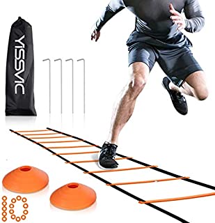 YISSVIC Agility Ladder and Cones 20 Feet 12 Adjustable Rungs Fitness Speed Training Equipment, 20 Feet Speed Agility 1 Carry Bags, 10 Cones, 4 Stakes, Basketball, Soccer, Football (Orange)