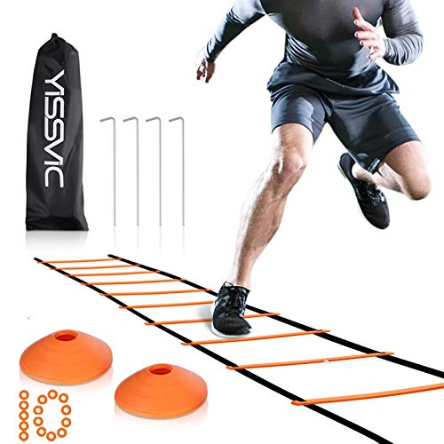 YISSVIC Agility Ladder and Cones 20 Feet 12 Adjustable Rungs Fitness Speed Training Equipment, 20 Feet Speed Agility 1 Carry Bags, 10 Cones, 4 Stakes, Basketball, Soccer, Football (Orange)