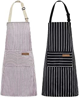 2 Pack Kitchen Cooking Aprons, Adjustable Bib Soft Chef Apron with 2 Pockets for Men Women (Black/Brown Stripes)