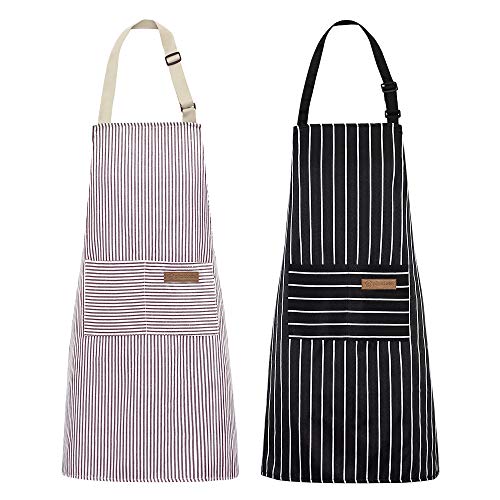 2 Pack Kitchen Cooking Aprons, Adjustable Bib Soft Chef Apron with 2 Pockets for Men Women (Black/Brown Stripes)