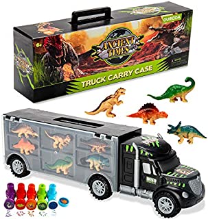 Oumoda Dinosaur Truck, Transport Car Carrier Truck Toy with 6 Dinosaurs Toys Inside and 10 Dinosaur Stamps, Gifts for Kids/Boys Toy for Ages 3, 4, 5, Years Old and Up