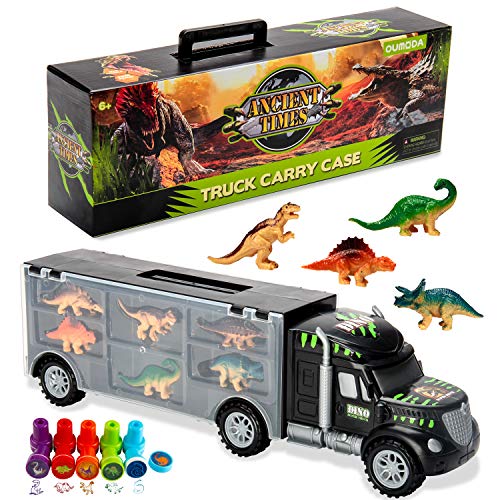 Oumoda Dinosaur Truck, Transport Car Carrier Truck Toy with 6 Dinosaurs Toys Inside and 10 Dinosaur Stamps, Gifts for Kids/Boys Toy for Ages 3, 4, 5, Years Old and Up