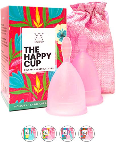 Happy Cup Menstrual Cups, Hawwwy Tampon & Pad Alternative 2 Pack Reusable Beginner, Most Comfortable Period Cup, Best Feminine Alternative, Quality Eco Friendly (Small & Large Pink)