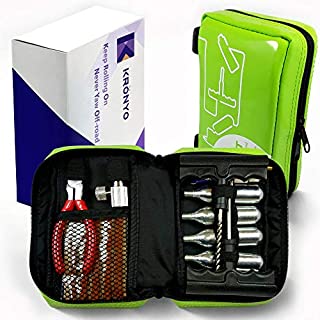 KRÖNYO Tubeless Tire Repair Kit, Emergency Roadside Compact Set with CO2 Inflator Cartridges for Car, Motorcycle, Bike, ATV. Fix Punctures, Plug and Inflate Flat Tires.