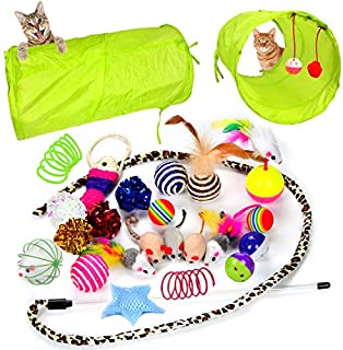 Youngever 24 Cat Toys Kitten Toys Assortments, 2 Way Tunnel, Cat Feather Teaser - Wand Interactive Feather Toy Fluffy Mouse, Crinkle Balls for Cat, Puppy, Kitty, Kitten