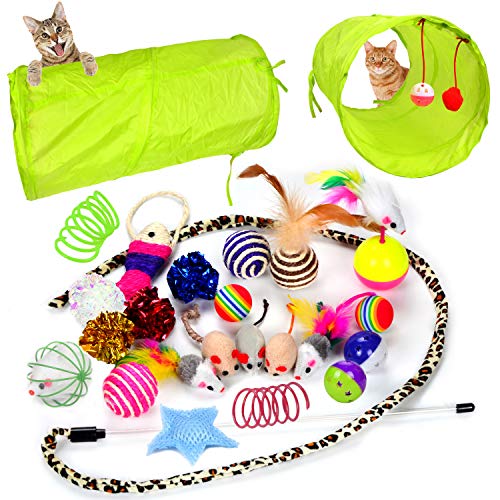 Youngever 24 Cat Toys Kitten Toys Assortments, 2 Way Tunnel, Cat Feather Teaser - Wand Interactive Feather Toy Fluffy Mouse, Crinkle Balls for Cat, Puppy, Kitty, Kitten