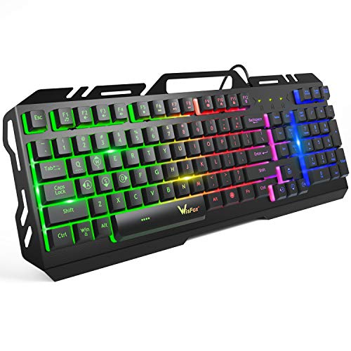 Gaming Keyboard, WisFox Colorful Rainbow LED Backlit Wired Computer Gaming Keyboard with 104 Keys, USB Wired Keyboard and Spill-Resistant for Windows PC Gamers Desktop PS4