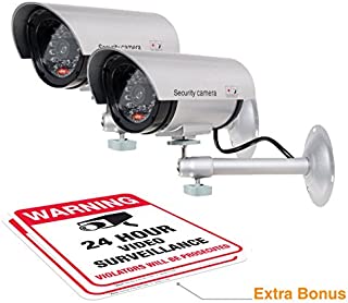 (2 Pack) Dummy Security Camera, Fake Bullet CCTV Surveillance System with Realistic Look Recording LEDs + Bonus Warning Sticker - Indoor/Outdoor Use, for Homes & Business- by Armo