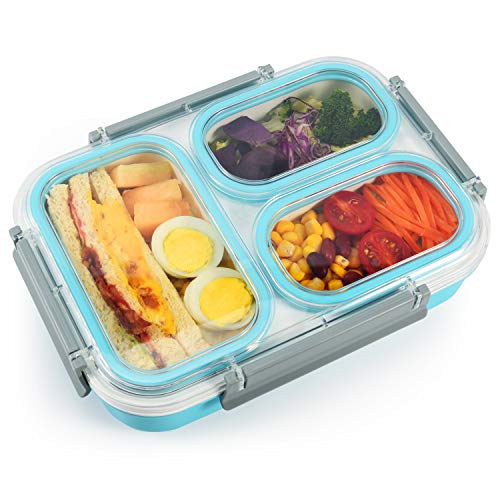 Bento Lunch Box for Adults and Kids by Lupantte, BPA free Leakproof Meal Container w/ 3 Compartments, Durable, Microwave Safe Snack Box for School, office etc.