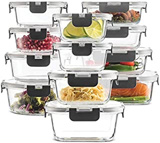 24-Piece Superior Glass Food Storage Containers Set - Newly Innovated Hinged BPA-free Locking lids - 100% Leak Proof Glass Meal Prep Containers, Great on-the-go & Freezer to Oven Safe Food Containers