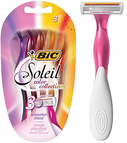 BIC Soleil Color Collection Disposable Razors for Women, 8-Count, 3 Blades - Premium Shaving Razor Set with Aloe Vera and Vitamin E Lubricating Strip - Luxurious Personal Care Products