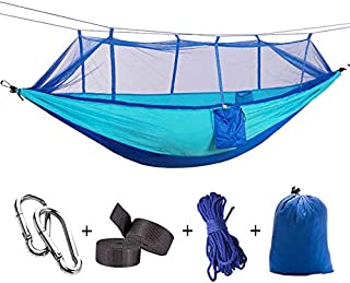 Yeeco Double Camping Hammock, Portable Lightweight Nylon Parachute Hammock with Mosquito Net and Tree Straps Camping Hanging Bed for Outdoor Camping Hiking Travel Yard Backpacking - Blue