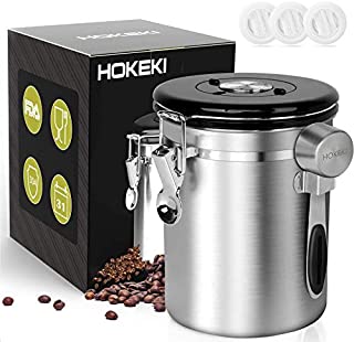 Airtight Coffee Canister, HOKEKI Stainless Steel Container for the Kitchen, Coffee Ground Vault Jar With One Way Co2 Valve And Scoop, Tea Coffee Sugar, Extra Coffee Spoon, 16 oz (Stainless Steel)