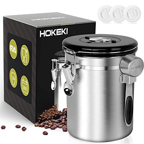 Airtight Coffee Canister, HOKEKI Stainless Steel Container for the Kitchen, Coffee Ground Vault Jar With One Way Co2 Valve And Scoop, Tea Coffee Sugar, Extra Coffee Spoon, 16 oz (Stainless Steel)