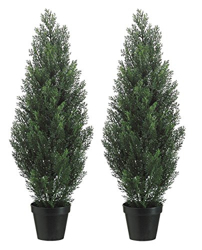 Set Of 2 Pre-potted 3 Foot Artificial Cedar Topiary Outdoor Indoor Trees