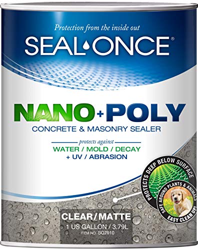 SEAL-ONCE SO7910 Nano+Poly Concrete & Masonry Penetrating Sealer & Waterproofer, Ultra-Low VOC, Water-Based with Polyurethane-Driveways, Patios & Brick (1 Gallon), Clear