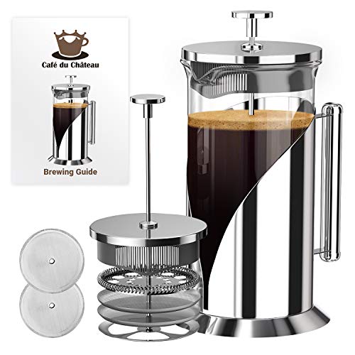 French Press Coffee Maker - 4 Level Filtration System - 304 Grade Stainless Steel - Heat Resistant Borosilicate Glass by Cafe du Chateau (34 Ounce)