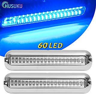 HUSUKU SOOP3 PRO Blue 2000LM 60LED Waterproof Stainless Steel Trim Ring Boat High-Intensity LED Underwater Light Clear Lens Pontoon Marine/Boat Transom