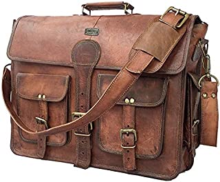 DHK 18 Inch Vintage Handmade Leather Messenger Bag Laptop Briefcase Computer Satchel bag For Men (DARK BROWN)