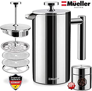 Mueller French Press 20% Heavier Duty Double Insulated 310 Stainless Steel Coffee Maker Multi-Screen System 100% No Coffee Grounds Guarantee, Rust-Free, Dishwasher Safe