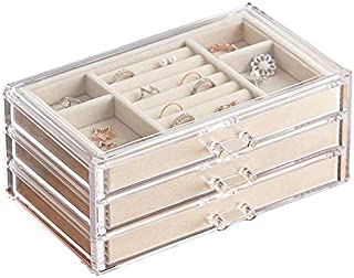 HerFav Jewelry Box for Women with 3 Drawers, Velvet Jewelry Organizer for Earring Bangle Bracelet Necklace and Rings Storage Clear Acrylic Jewelry case