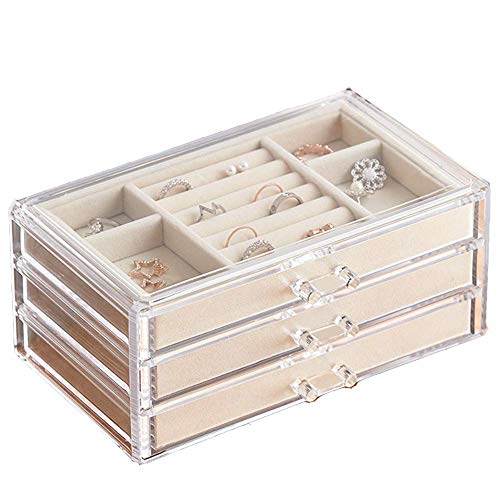 HerFav Jewelry Box for Women with 3 Drawers, Velvet Jewelry Organizer for Earring Bangle Bracelet Necklace and Rings Storage Clear Acrylic Jewelry case