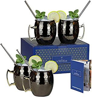 QUEENBAR Moscow Mule Copper Mugs -Solid Black Copper Cups - Set of 4- Classic Copper Plated Stainless Steel Moscow Mule Mugs -16 oz -Food Safe Moscow Mule Gift Set For Mules