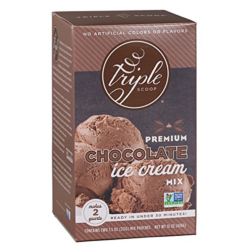 Triple Scoop Ice Cream Mix, Premium Chocolate, starter for use with home ice cream maker, non-gmo, no artificial colors or flavors, ready in under 30 mins, makes 2 qts (1 15oz box)