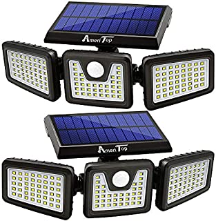 Solar Lights Outdoor, AmeriTop 128 LED 800LM Wireless LED Solar Motion Sensor Lights Outdoor; 3 Adjustable Heads, 270° Wide Angle Illumination, IP65 Waterproof, Security LED Flood Light- 2 Pack