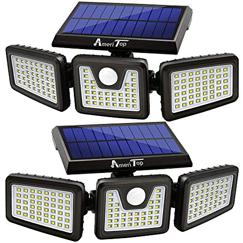 Solar Lights Outdoor, AmeriTop 128 LED 800LM Wireless LED Solar Motion Sensor Lights Outdoor; 3 Adjustable Heads, 270° Wide Angle Illumination, IP65 Waterproof, Security LED Flood Light- 2 Pack