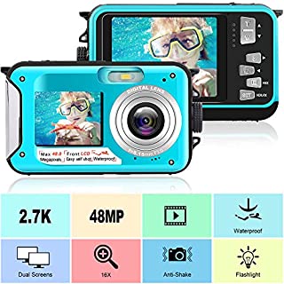 Waterproof Camera Full HD 2.7K 48 MP Underwater Camera Video Recorder Selfie Dual Screens 16X Digital Zoom Flashlight Waterproof Digital Camera for Snorkeling