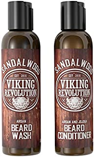 Beard Wash & Beard Conditioner Set w/Argan & Jojoba Oils - Softens & Strengthens - Natural Sandalwood Scent - Beard Shampoo w/Beard Oil (5oz)