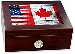 ExpressItBest Premium Desktop Humidor - Glass Top - Flag of Canada (Canadian) - Wood with USA Flag - Cedar Lined with humidifier & Front Mounted Hygrometer.