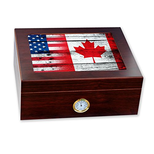 ExpressItBest Premium Desktop Humidor - Glass Top - Flag of Canada (Canadian) - Wood with USA Flag - Cedar Lined with humidifier & Front Mounted Hygrometer.